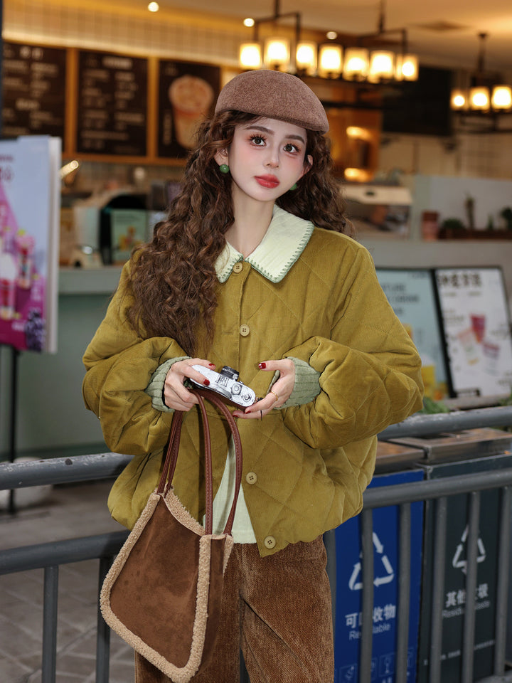 【Rice Waves Turning Gold】Round-Neck Padded Coat, Women&