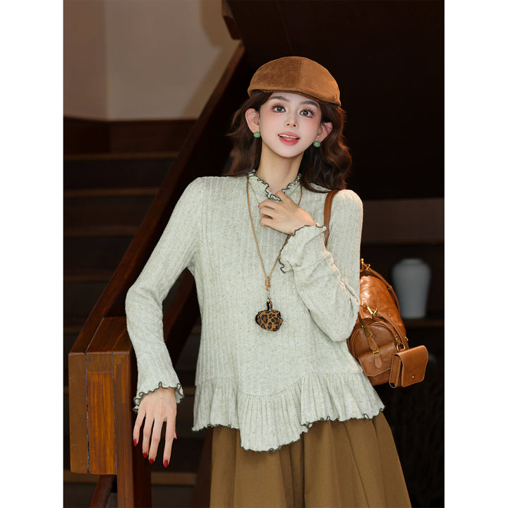 【Spring Moss Drizzle】Vintage Hong Kong Style Stand Collar Elegant Base Layer 2026 Autumn Versatile Long Sleeve Top J26Q08175