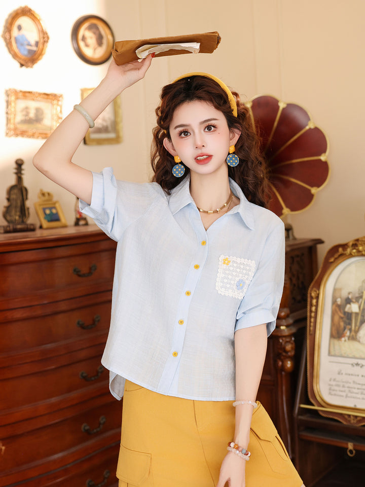 【Sea Foam First Kiss】Blue Short-Sleeve Shirt, Women&