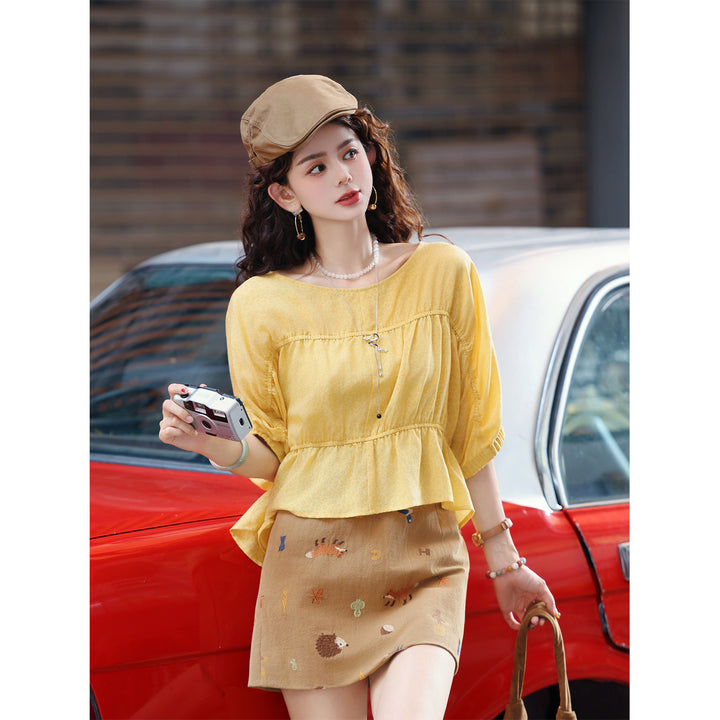 【Sunny Pleats Among Flowers】Yellow Loose-Fit Elbow-Length Sleeve Cropped Ruffled-Hem Youthful Casual Shirt, Women&