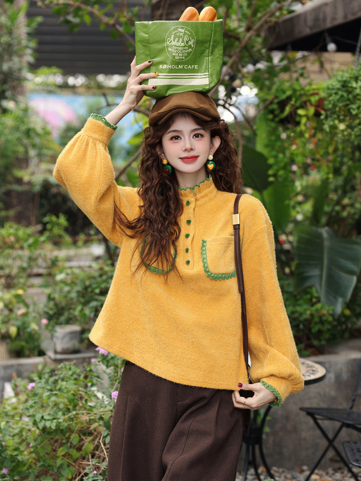 【Persimmon-Dyed Autumn Lamp】Vintage Hong Kong-Style Stand-Collar Shirt, Women&