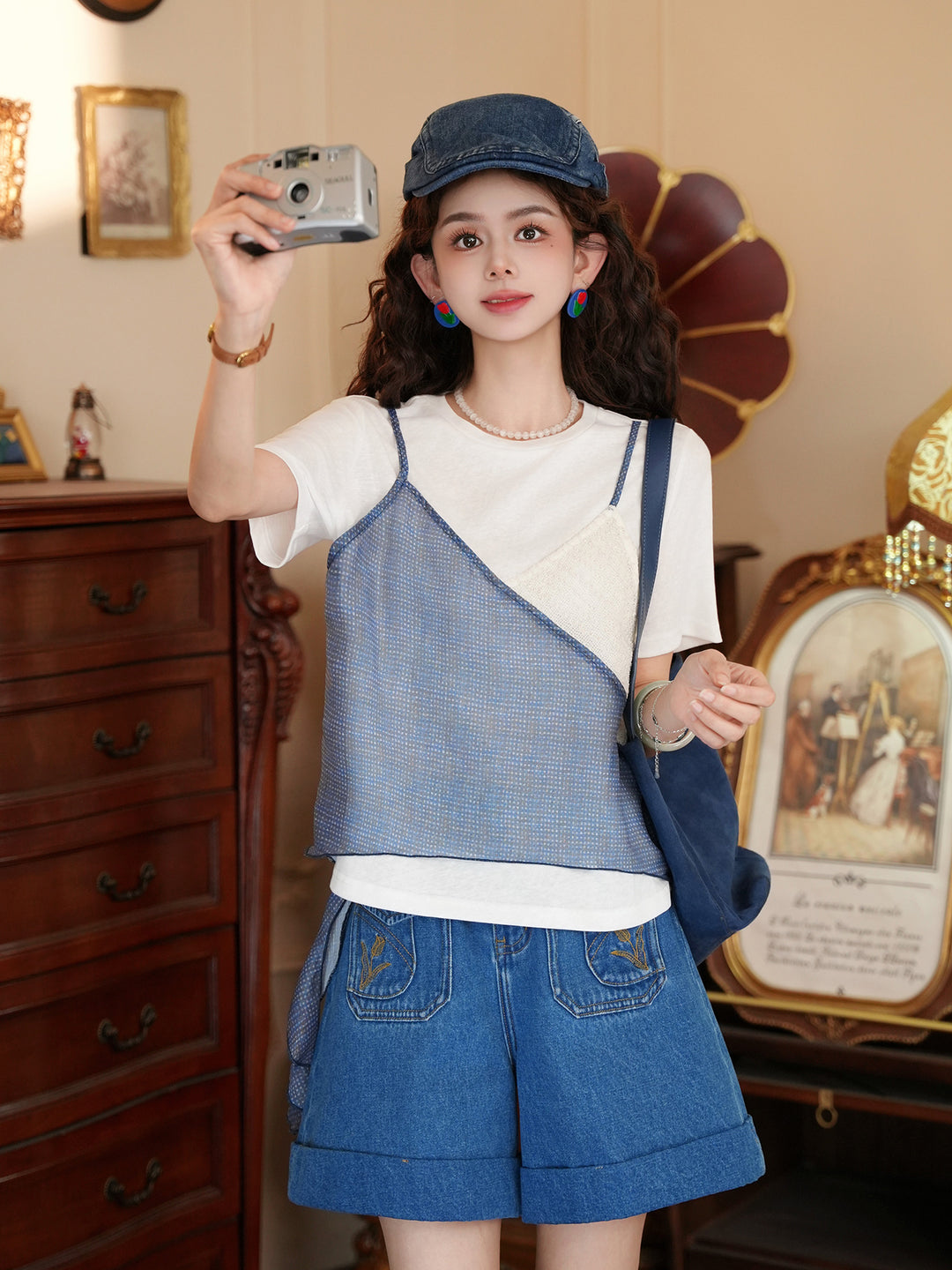 【Salt-Fresh Boy】Blue-White Patchwork Fake Two-Piece Short-Sleeve T-Shirt, Women&