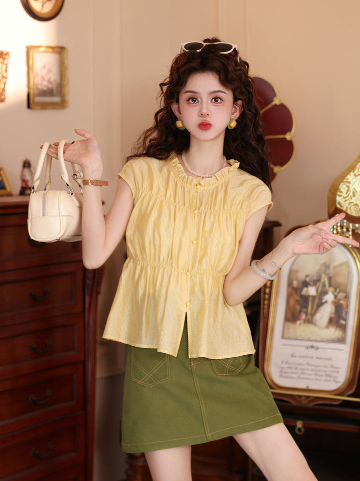 【Cloud Gauze Ripple】Sweet-Style Yellow Short-Sleeve Shirt, Women&