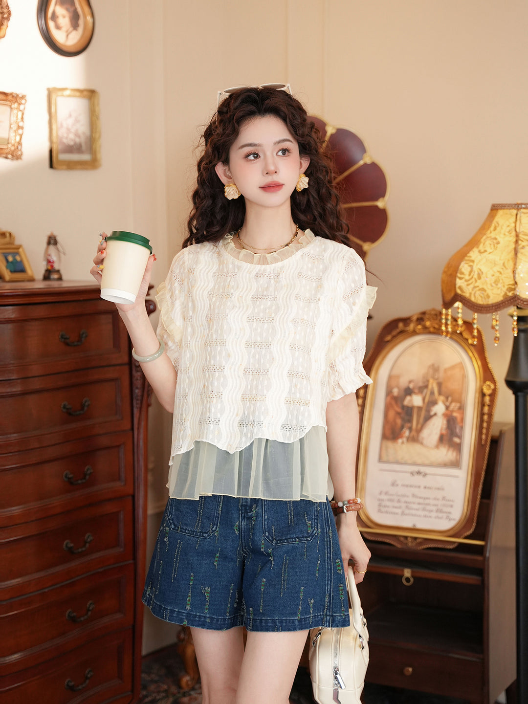 【Dew on Rice Awns】Gentle-Style Fake Two-Piece Shirt, Women&