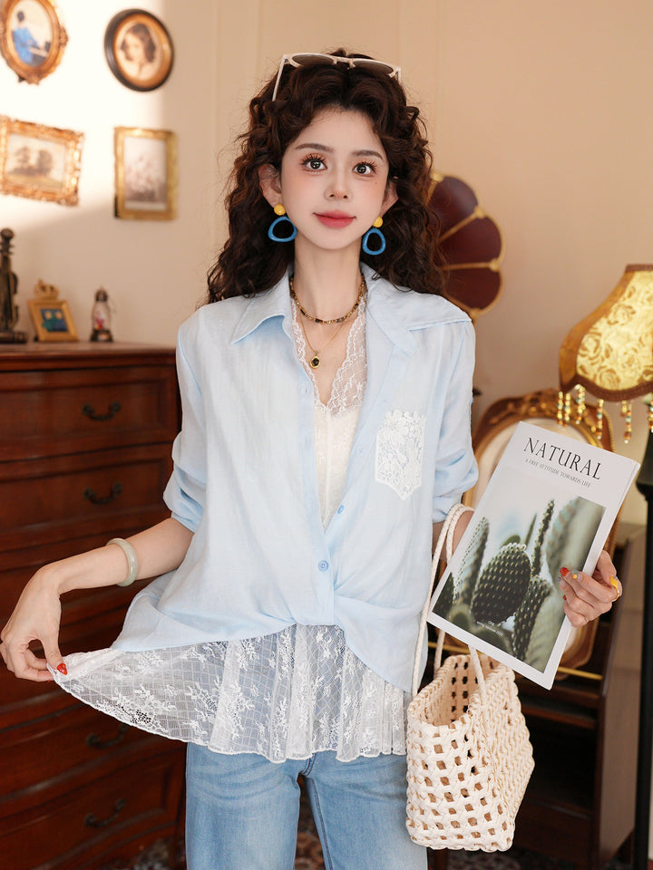 【Floating Isle on Distant Waves】Lace-Patchwork Fake Two-Piece Shirt, Women&
