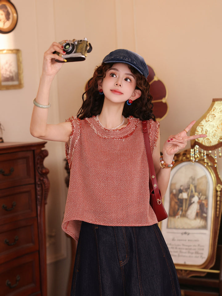 【Amber Glow】Chanel-Style Sleeveless Knit Round-Neck Vest, Women&