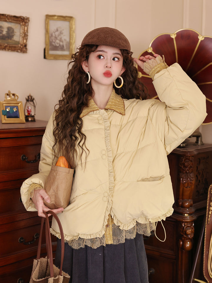 【Moonlight on Roof Tiles】Lace-Trimmed Down Jacket, Women&