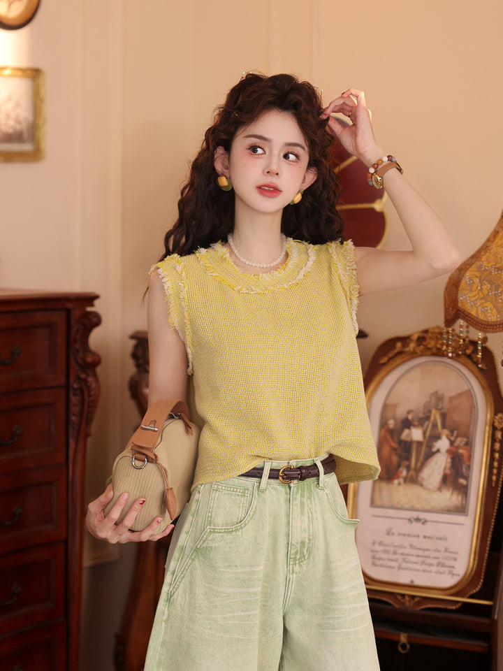 【Amber Glow】Chanel-Style Sleeveless Knit Round-Neck Vest, Women&