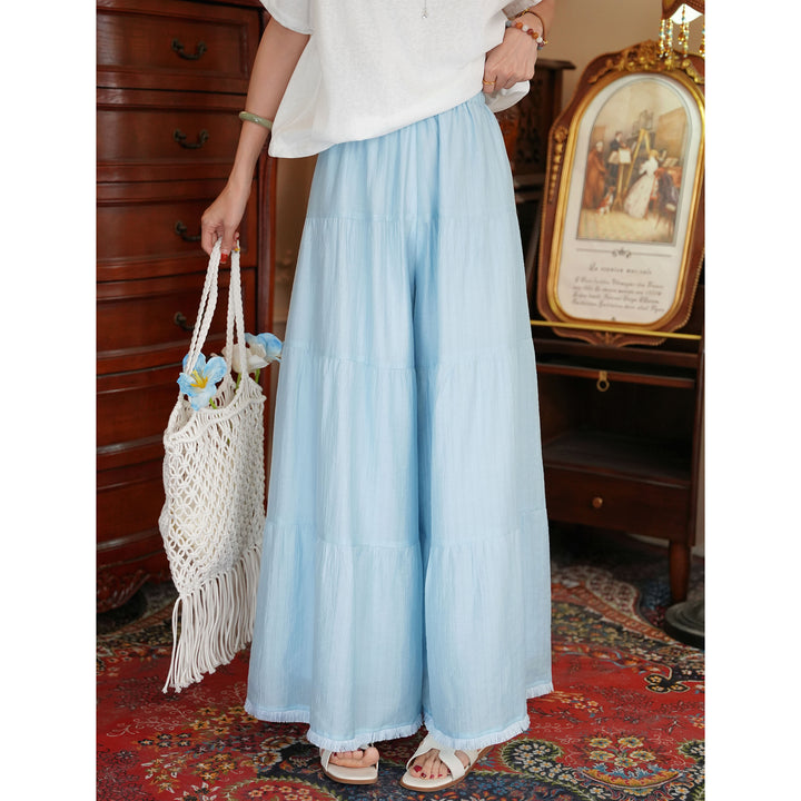 【Retro Wave Ripple】Blue Wide-Leg Pants, Women&