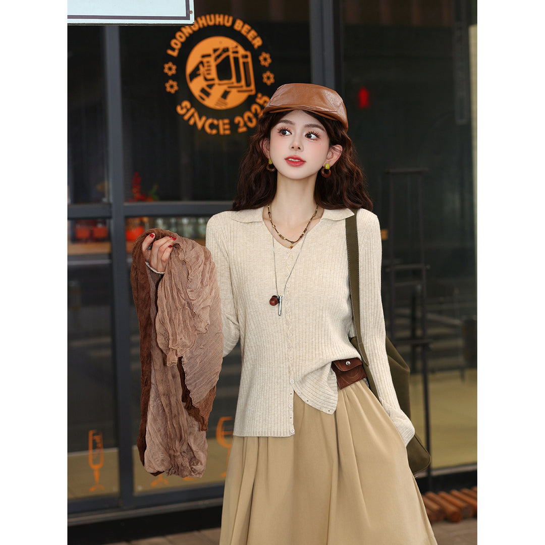 【Cream Mousse】Vintage Hong Kong-Style Autumn Cardigan, Versatile Flattering Knit T-Shirt Top J26Q07303