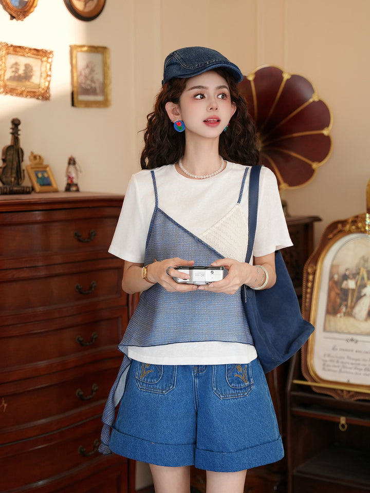 【Salt-Fresh Boy】Blue-White Patchwork Fake Two-Piece Short-Sleeve T-Shirt, Women&