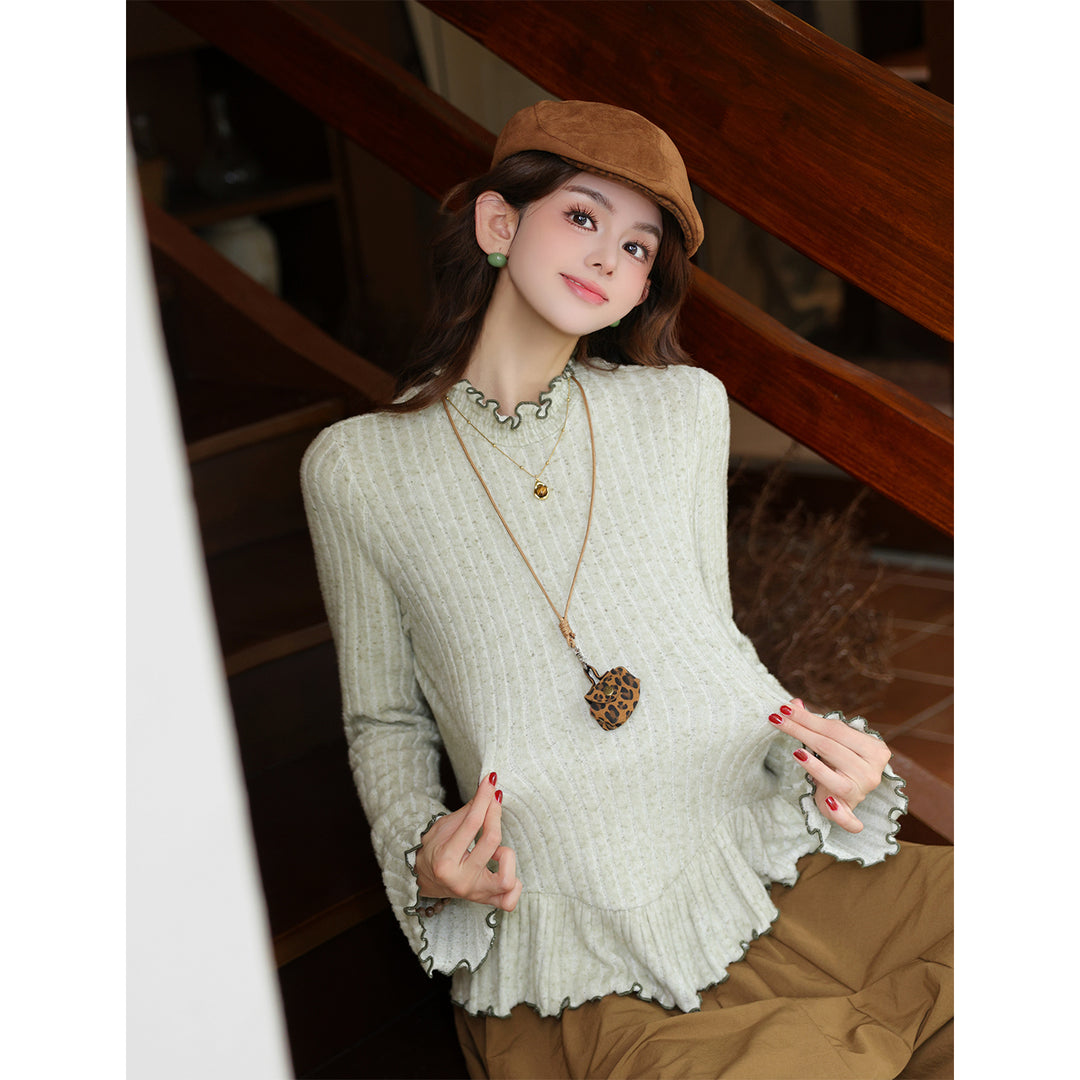 【Spring Moss Drizzle】Vintage Hong Kong Style Stand Collar Elegant Base Layer 2026 Autumn Versatile Long Sleeve Top J26Q08175