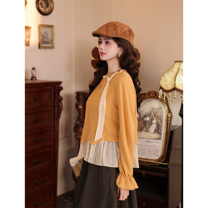 【Osmanthus Autumn Sun】Vintage Hong Kong Style Ribbon Spliced Women Top, 2026 Autumn Casual Long Sleeve T-Shirt J26Q07925