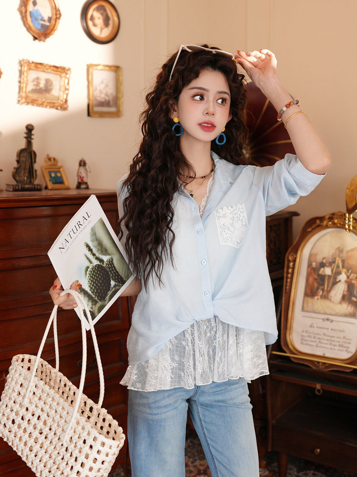 【Floating Isle on Distant Waves】Lace-Patchwork Fake Two-Piece Shirt, Women&