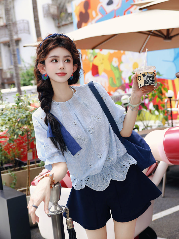 【Floral Morning Light】Korean-Style Sweet Light-Blue Round-Neck Short-Sleeve Shirt, Women&