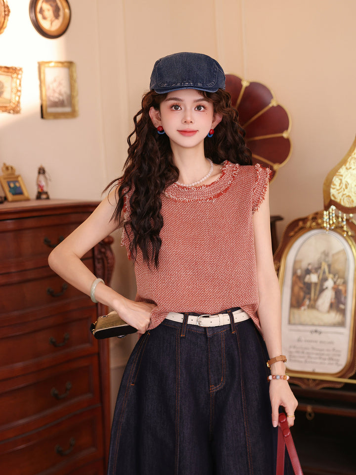 【Amber Glow】Chanel-Style Sleeveless Knit Round-Neck Vest, Women&