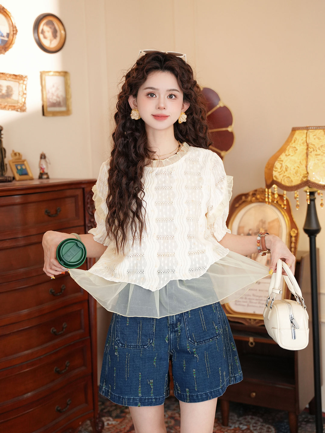 【Dew on Rice Awns】Gentle-Style Fake Two-Piece Shirt, Women&