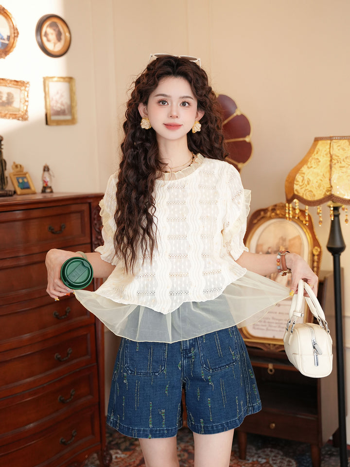 【Dew on Rice Awns】Gentle-Style Fake Two-Piece Shirt, Women&