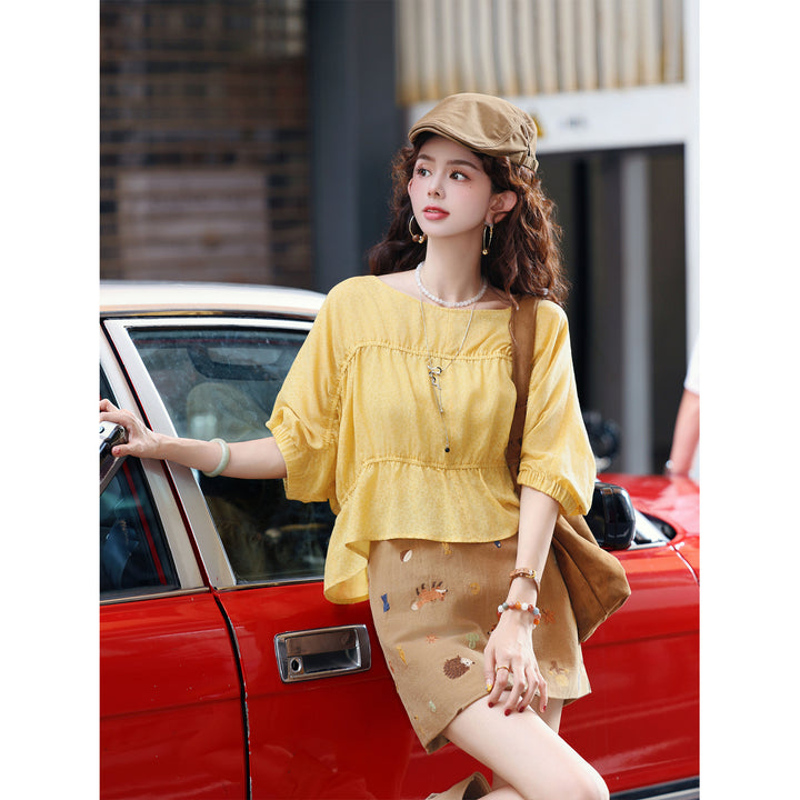 【Sunny Pleats Among Flowers】Yellow Loose-Fit Elbow-Length Sleeve Cropped Ruffled-Hem Youthful Casual Shirt, Women&