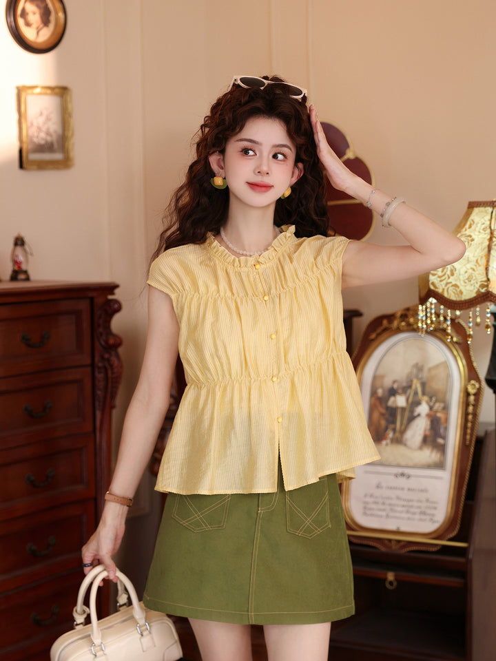 【Cloud Gauze Ripple】Sweet-Style Yellow Short-Sleeve Shirt, Women&