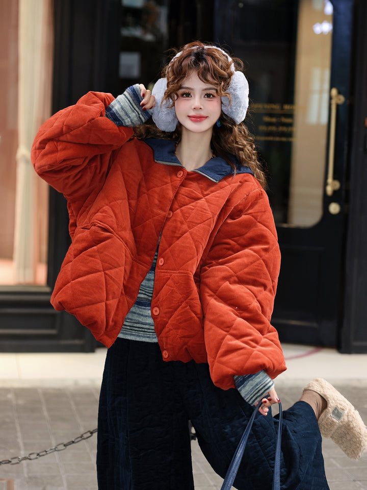 【Rice Waves Turning Gold】Round-Neck Padded Coat, Women&