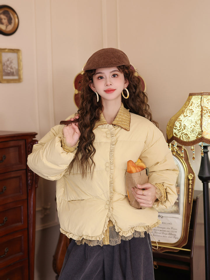 【Moonlight on Roof Tiles】Lace-Trimmed Down Jacket, Women&