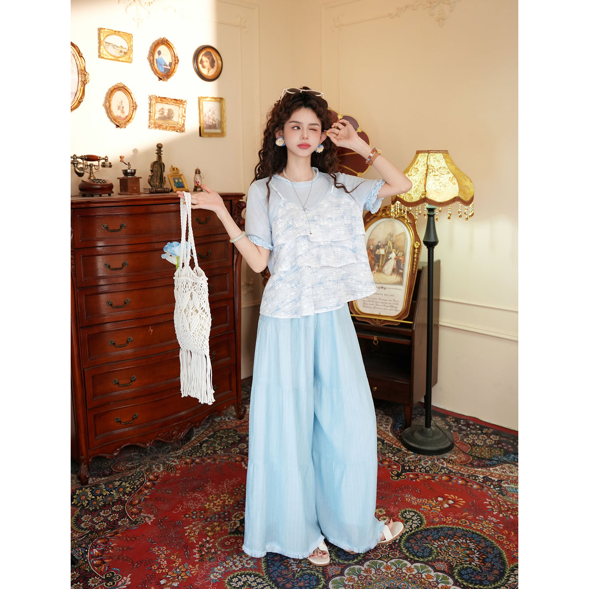 Chen Jiajie【Retro Wave Ripple】Blue Wide-Leg Pants, Women's Summer Lightweight Petite Casual High-Waist Loose-Fit Long Pants J26X03393
