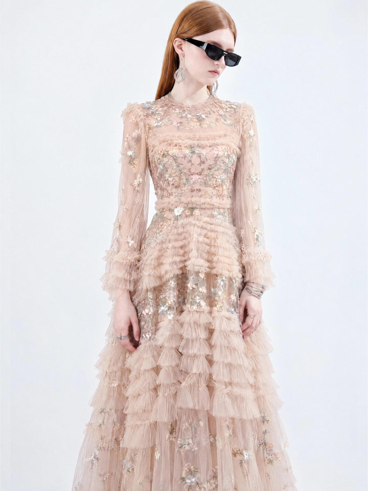 【Apricot Star Fluff】Damen-Maxikleid mit langen Ärmeln, Paillettenstickerei, Tüll, Rundhalsausschnitt und gestuften Rüschen S009