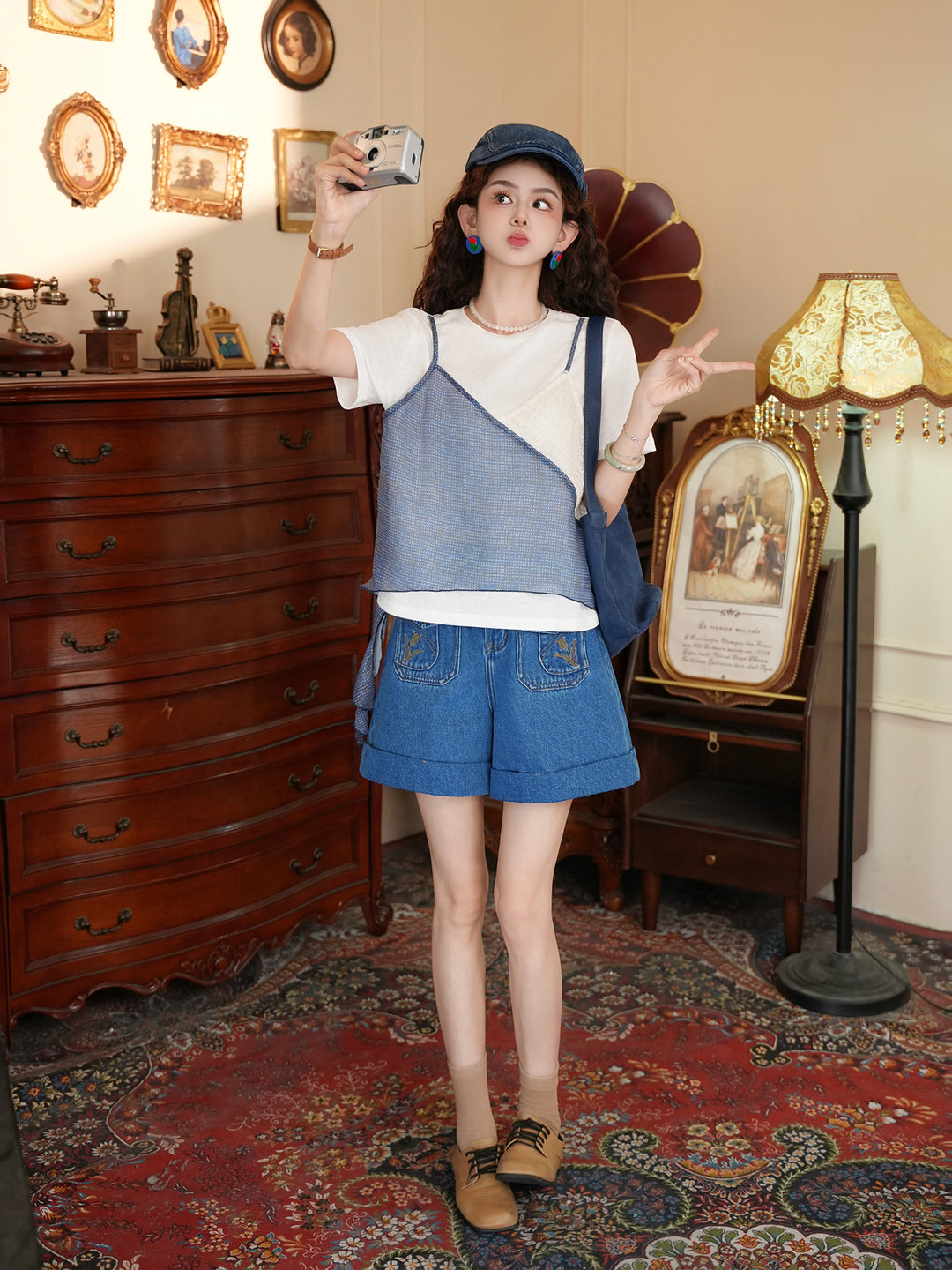 【Salt-Fresh Boy】Blue-White Patchwork Fake Two-Piece Short-Sleeve T-Shirt, Women&