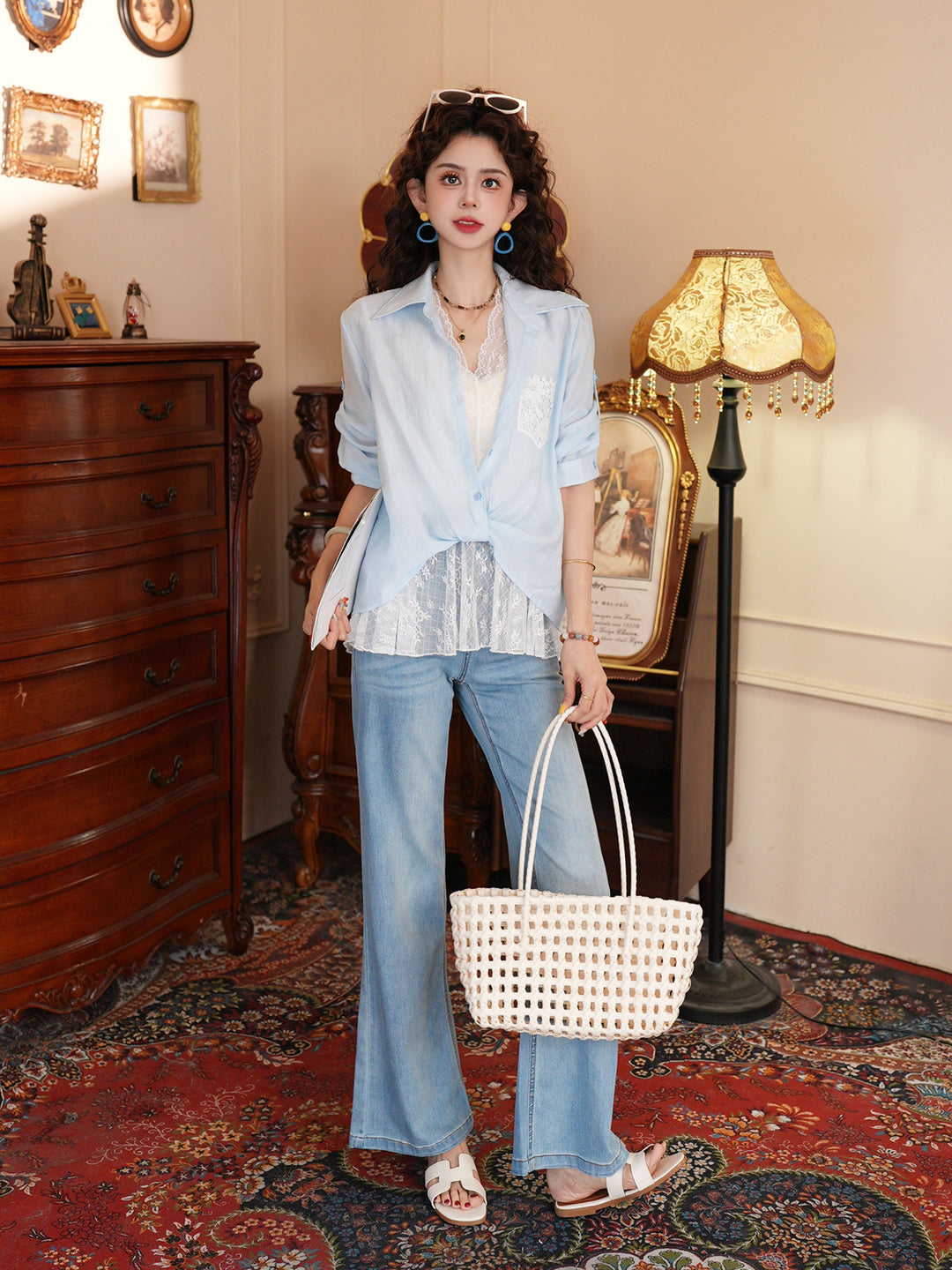 【Floating Isle on Distant Waves】Lace-Patchwork Fake Two-Piece Shirt, Women&