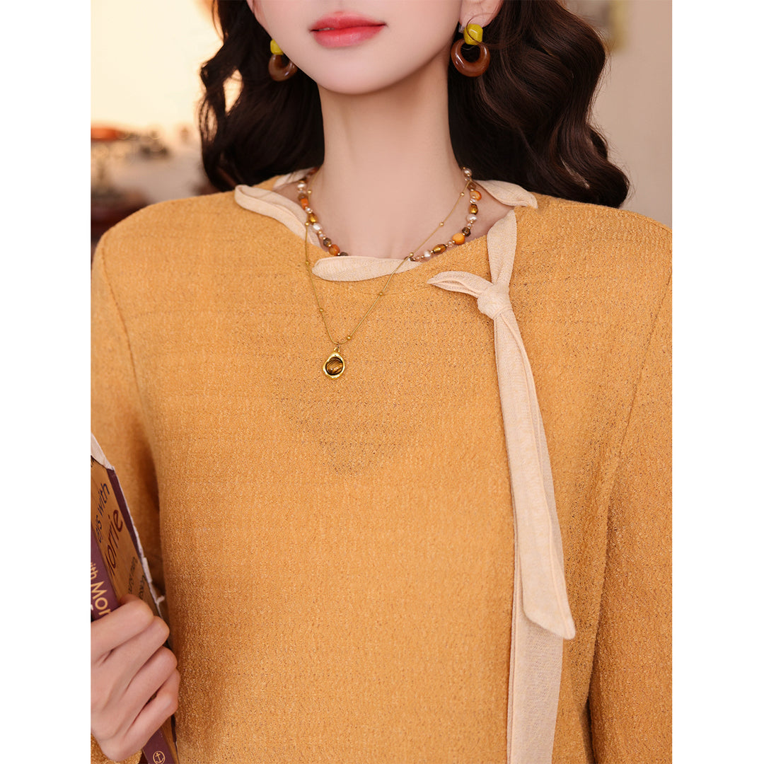 【Osmanthus Autumn Sun】Vintage Hong Kong Style Ribbon Spliced Women Top, 2026 Autumn Casual Long Sleeve T-Shirt J26Q07925