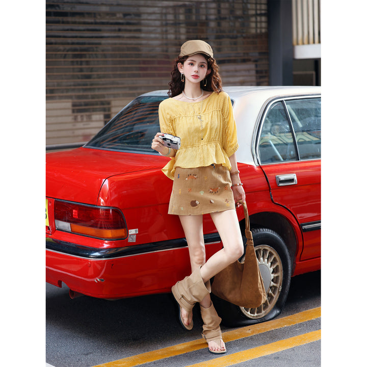 【Sunny Pleats Among Flowers】Yellow Loose-Fit Elbow-Length Sleeve Cropped Ruffled-Hem Youthful Casual Shirt, Women&