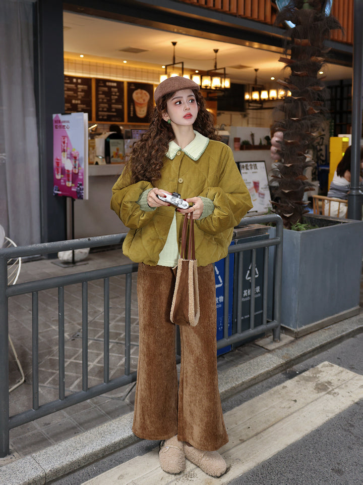 【Rice Waves Turning Gold】Round-Neck Padded Coat, Women&