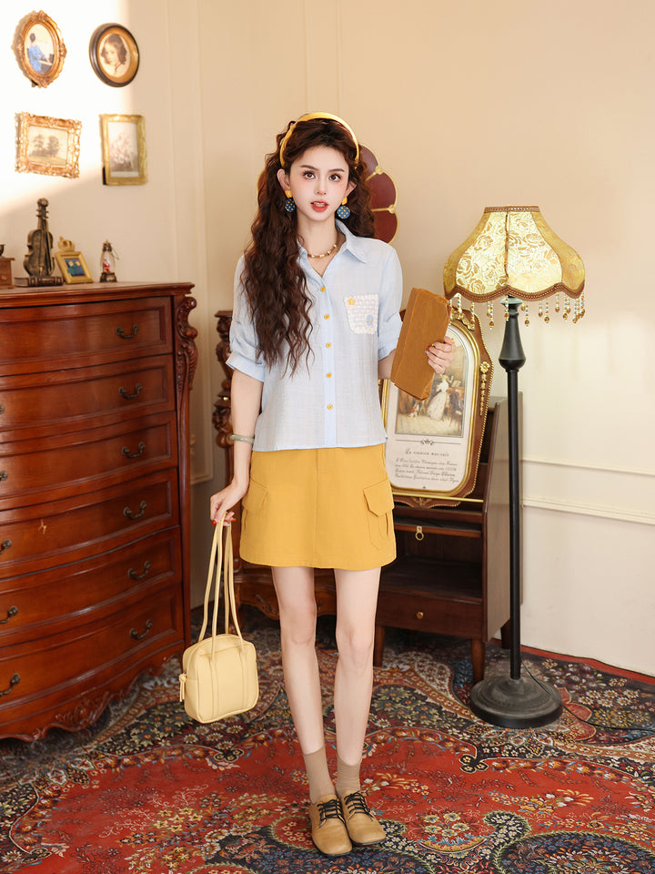 【Sea Foam First Kiss】Blue Short-Sleeve Shirt, Women&