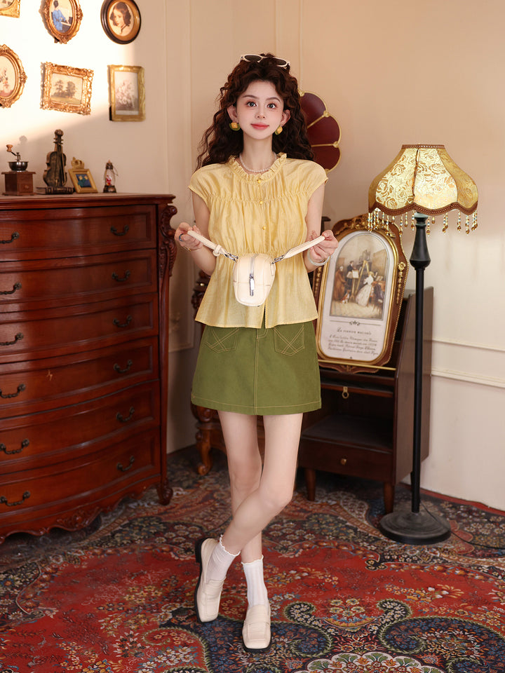 【Cloud Gauze Ripple】Sweet-Style Yellow Short-Sleeve Shirt, Women&