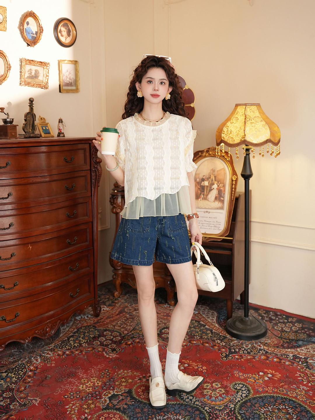 【Dew on Rice Awns】Gentle-Style Fake Two-Piece Shirt, Women&