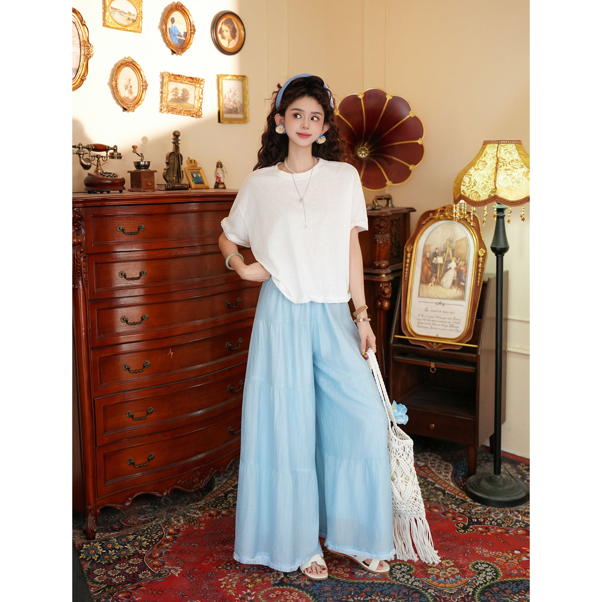Chen Jiajie【Retro Wave Ripple】Blue Wide-Leg Pants, Women's Summer Lightweight Petite Casual High-Waist Loose-Fit Long Pants J26X03393