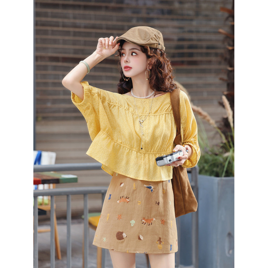 【Sunny Pleats Among Flowers】Yellow Loose-Fit Elbow-Length Sleeve Cropped Ruffled-Hem Youthful Casual Shirt, Women&