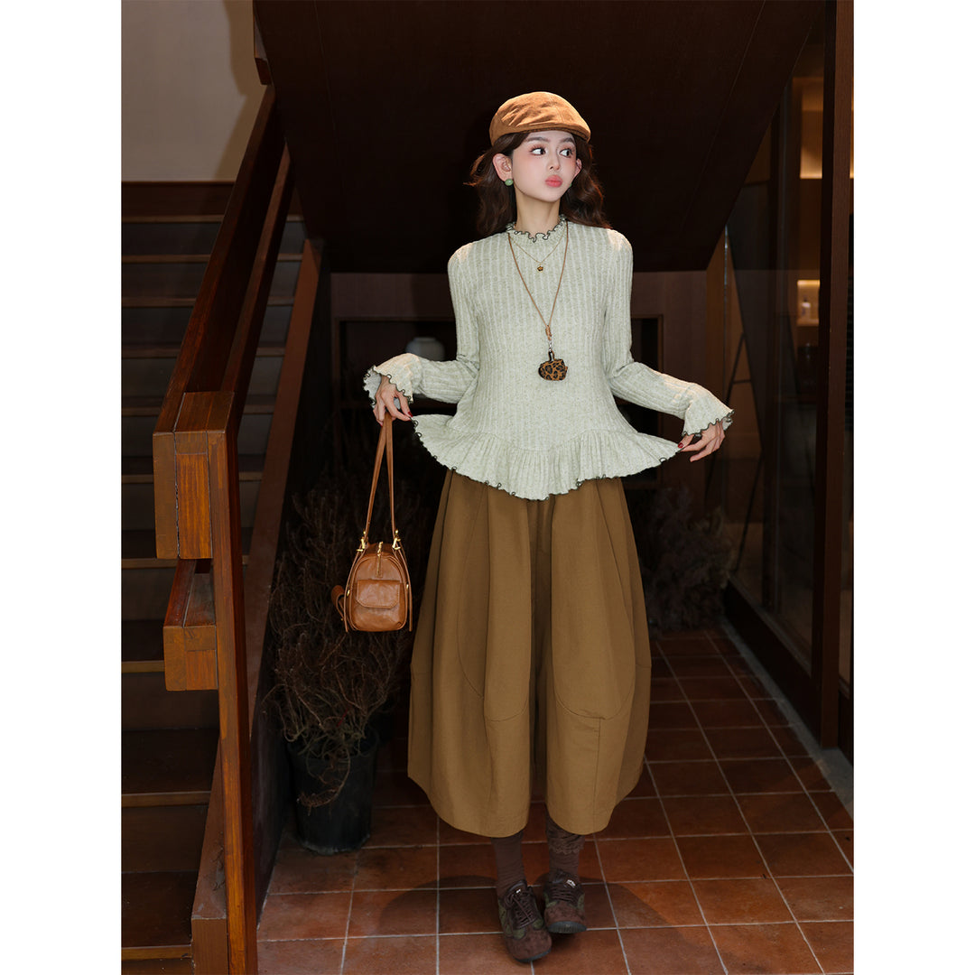 【Spring Moss Drizzle】Vintage Hong Kong Style Stand Collar Elegant Base Layer 2026 Autumn Versatile Long Sleeve Top J26Q08175