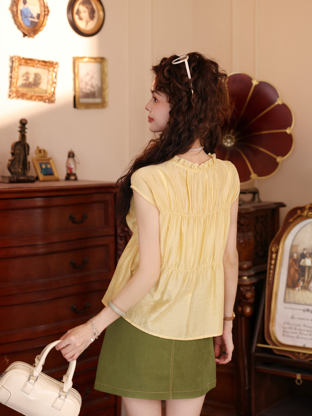 【Cloud Gauze Ripple】Sweet-Style Yellow Short-Sleeve Shirt, Women&