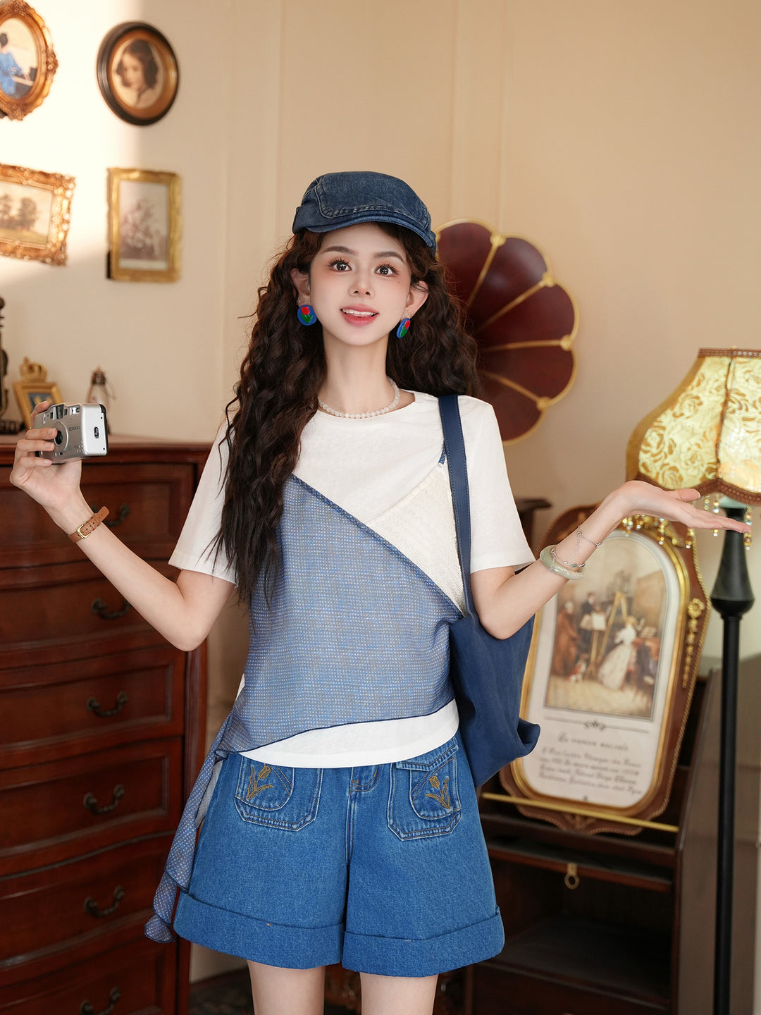 【Salt-Fresh Boy】Blue-White Patchwork Fake Two-Piece Short-Sleeve T-Shirt, Women&
