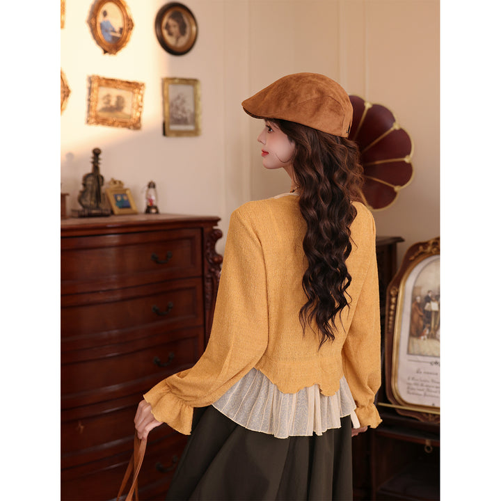 【Osmanthus Autumn Sun】Vintage Hong Kong Style Ribbon Spliced Women Top, 2026 Autumn Casual Long Sleeve T-Shirt J26Q07925