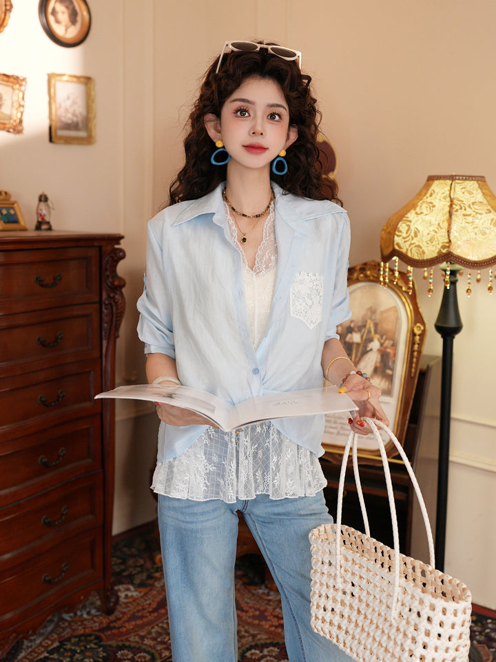 【Floating Isle on Distant Waves】Lace-Patchwork Fake Two-Piece Shirt, Women&