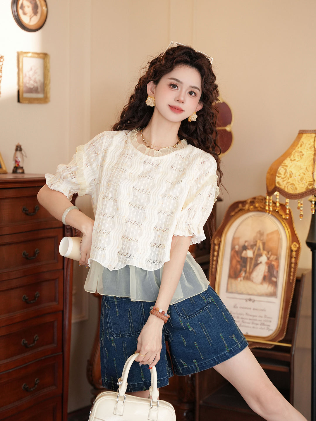 【Dew on Rice Awns】Gentle-Style Fake Two-Piece Shirt, Women&