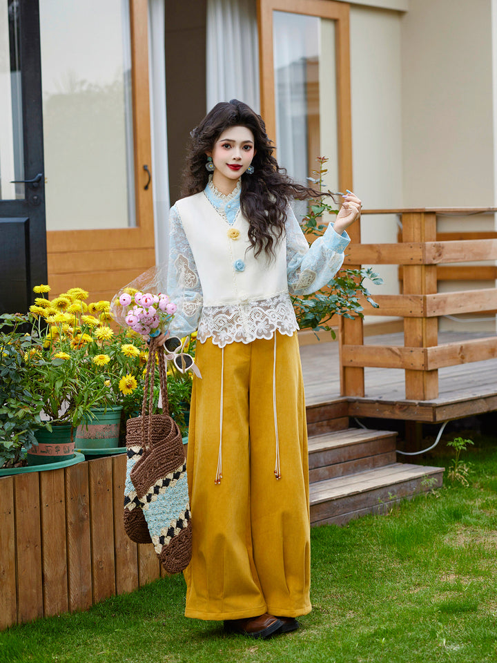 【Osmanthus Rice Cake】Vintage Hong Kong Style Lace Spliced Vest Spring Sleeveless Waistcoat KK0726694