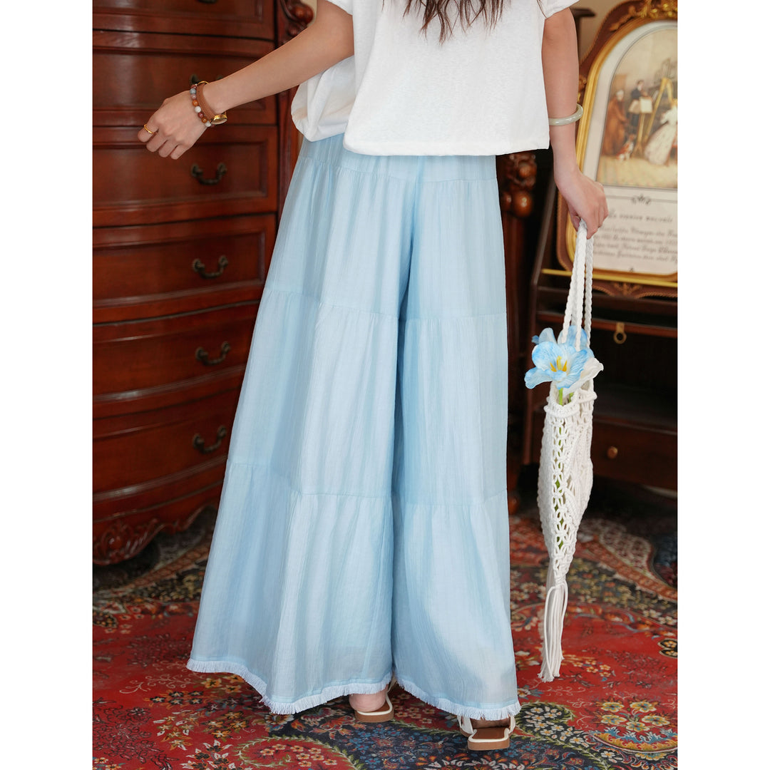 【Retro Wave Ripple】Blue Wide-Leg Pants, Women&