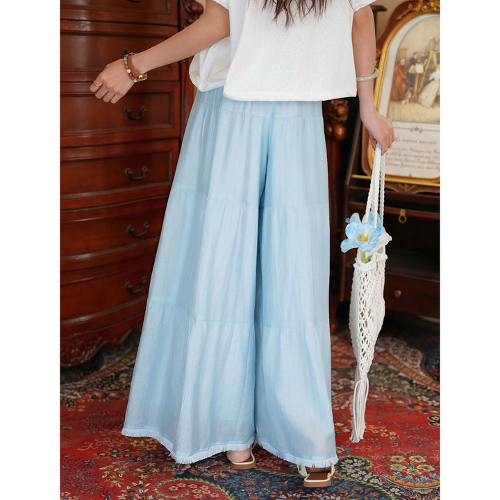 【Retro Wave Ripple】Blue Wide-Leg Pants, Women&