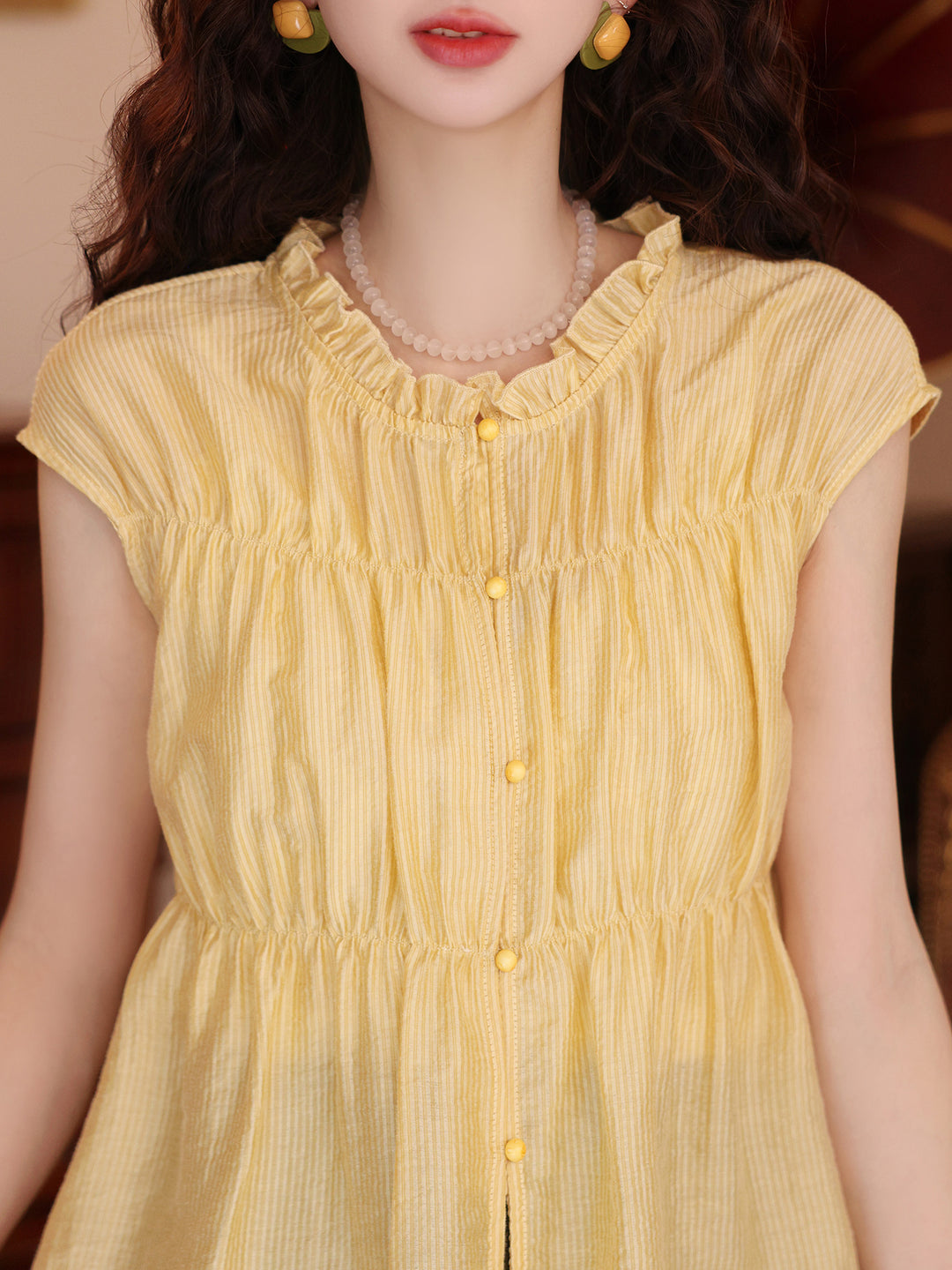 【Cloud Gauze Ripple】Sweet-Style Yellow Short-Sleeve Shirt, Women&