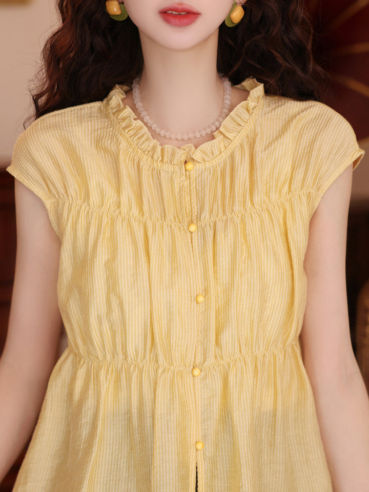 【Cloud Gauze Ripple】Sweet-Style Yellow Short-Sleeve Shirt, Women&