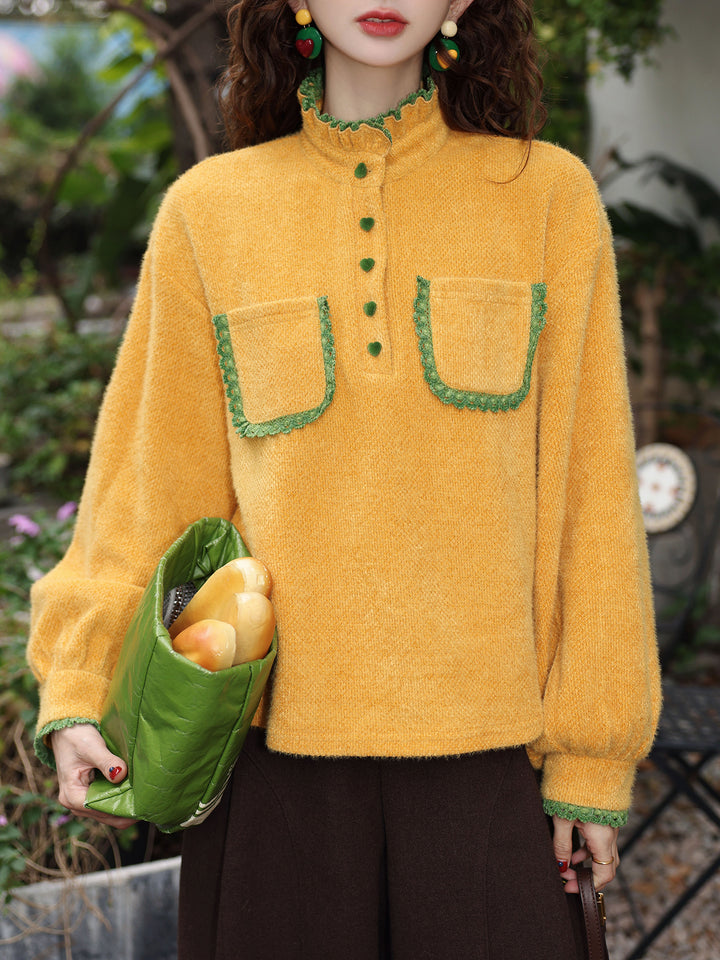 【Persimmon-Dyed Autumn Lamp】Vintage Hong Kong-Style Stand-Collar Shirt, Women&